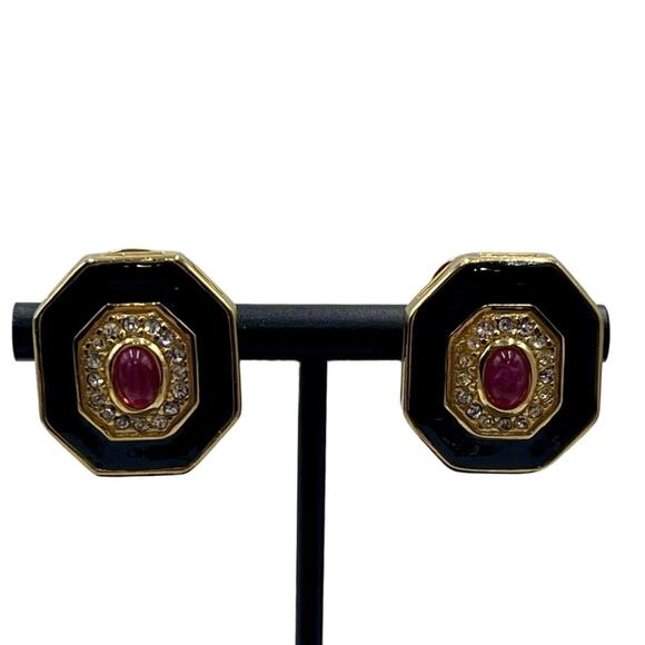 Christian Dior Signed Vintage 1980s Ruby Gripoix Black Enamel Clip On Earrings - Picture 1 of 13